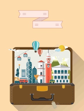 手绘矢量行李箱旅游香港景点地图海报背景背景