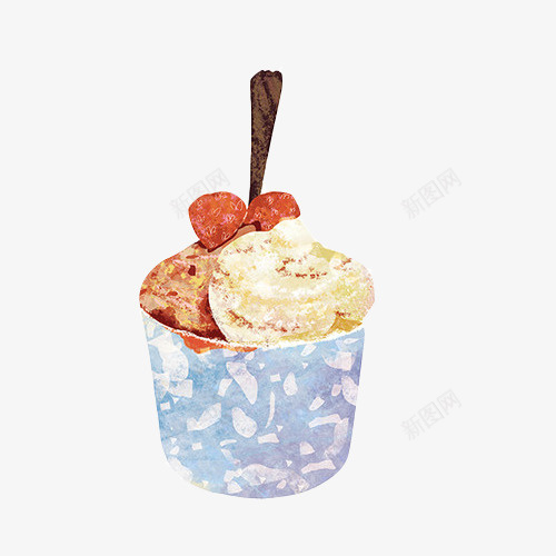 杯装冰淇淋手绘画片psd免抠素材_88icon https://88icon.com 冰淇淋 勺子 杯装 水果味 色彩画