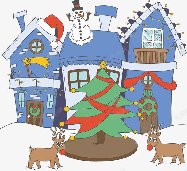 卡通手绘圣诞小镇png免抠素材_88icon https://88icon.com 圣诞小镇 圣诞树 圣诞节 圣诞驯鹿 矢量png 蓝色小屋