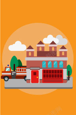 卡通手绘橙色消防安全消防车海报背景图矢量图背景