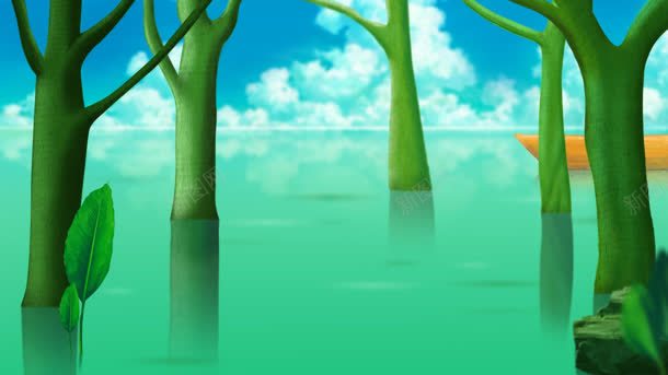绿色卡通水中树林海报背景背景