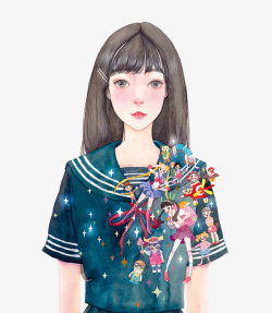 手绘文静的小女孩插画素材