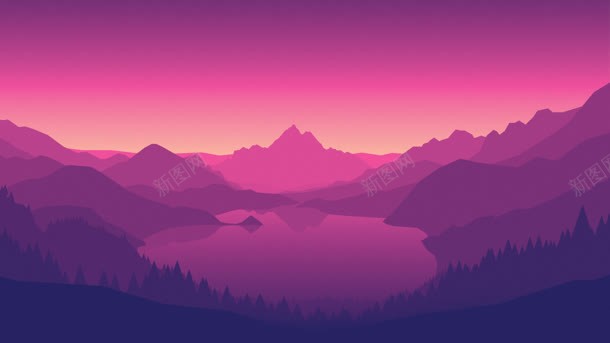 紫色山峦湖泊海报背景手绘背景