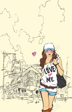 卡通女孩时尚手绘旅游海报背景矢量图背景