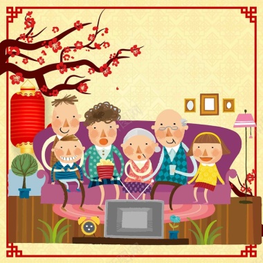 春节回家团聚一家人春晚梅花灯笼海报背景矢量图背景