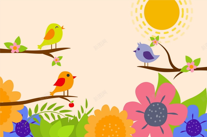 卡通春季小鸟背景模板矢量图ai设计背景_88icon https://88icon.com AI 卡通春季小鸟 太阳 平面 广告 春季 树枝 模板 海报 矢量 素材 背景 花卉 鸟 矢量图
