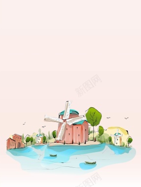 矢量水彩手绘荷兰风车旅游背景背景