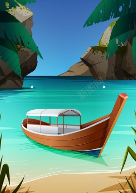 海边沙滩轮船海报背景矢量背景