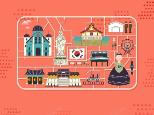 手绘矢量旅游韩国景福宫景点地图海报背景背景