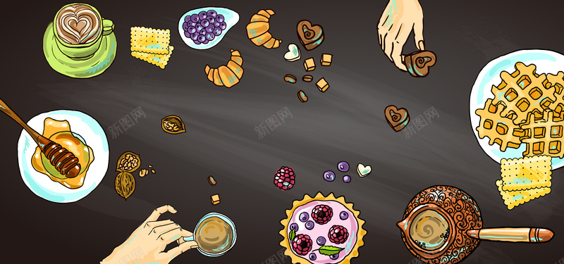 淘宝矢量卡通早餐美叶咖啡饼干蜂蜜手指海报背景