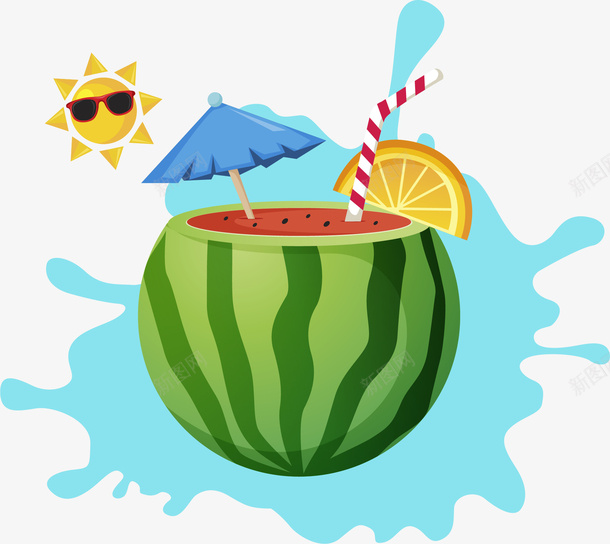 炎热夏天西瓜饮料解渴矢量图ai免抠素材_88icon https://88icon.com 夏天 夏季 夏日 太阳 橘子 水吧 立夏 西瓜 西瓜汁 饮品 饮料 矢量图