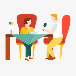 红黄色卡通坐着就餐的男女矢量图素材
