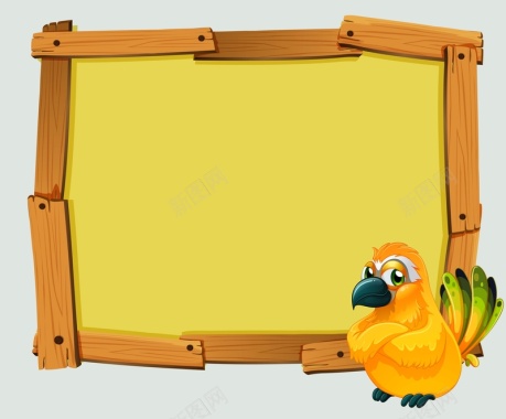 矢量黄色卡通创意木板边框鹦鹉背景背景