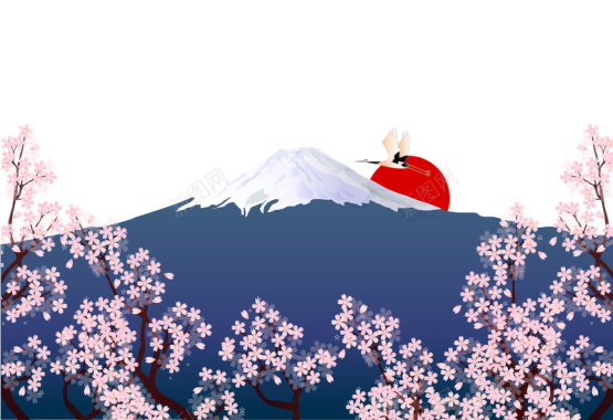 手绘樱花富士山背景矢量图背景