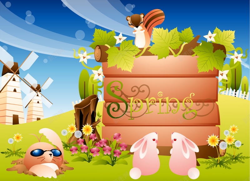 卡通动物木板矢量图ai设计背景_88icon https://88icon.com SPRING 兔子 动物 卡通 地鼠 手绘 春天 木板 童趣 矢量图