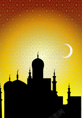 清真寺夜晚夜空剪影月亮海报背景矢量图背景