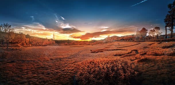 蓝天夕阳黄色草地背景