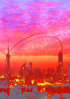 上海外滩晚霞城市夜景矢量图背景