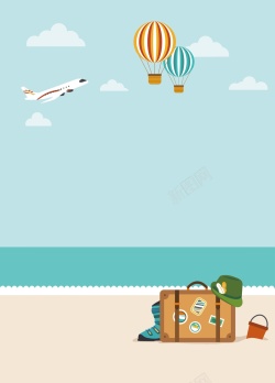 平面设计热气球矢量卡通扁平化旅游大海沙滩背景高清图片