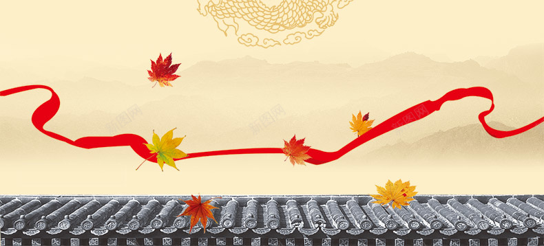 中国风红丝带枫叶详情页海报背景背景
