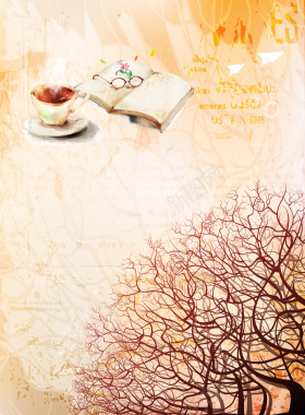 咖啡书籍树木剪影海报背景矢量图背景