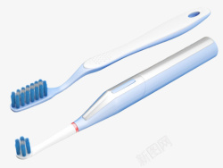 牙齿用具天蓝色手柄的电动牙刷和手动牙刷高清图片