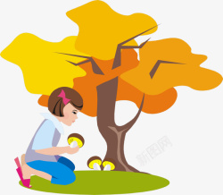 树下采蘑菇的小女孩素材