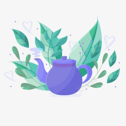 紫色的茶壶和叶子矢量图素材