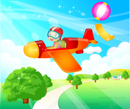 卡通儿童手绘飞行员飞机气球蓝天森林背景矢量图背景
