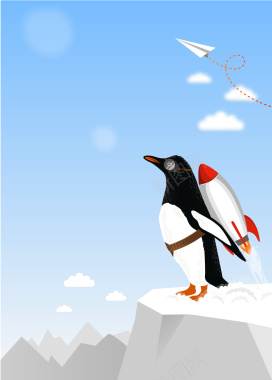 卡通企鹅火箭蓝天背景矢量图背景