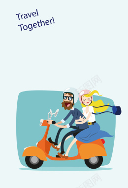 卡通情侣旅行摩托车海报背景矢量图背景