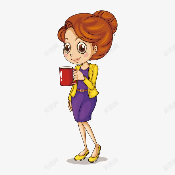 紫色喝水png免抠素材_88icon https://88icon.com 卡通 外套 头发 女色 手拿水杯 水杯 紫色 红色 裙子 黄色