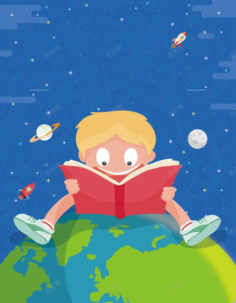 蓝色卡通矢量插画国际儿童读书日背景ai设计背景_88icon https://88icon.com 云彩 公益 卡通 国际儿童 地球 小火箭 插画 插画男孩 看书 矢量 蓝色 读书 矢量图