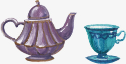 手绘插画水彩水壶茶杯矢量图素材
