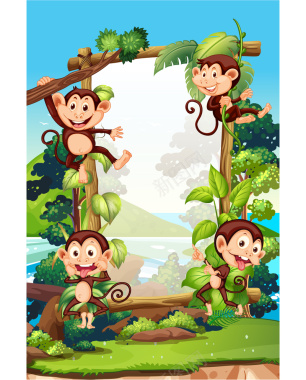 手绘卡通猴子平面广告矢量图背景