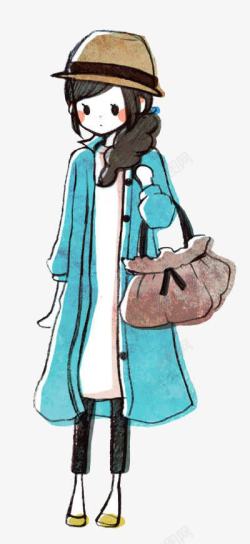蓝色风衣手提包小清新女孩素材