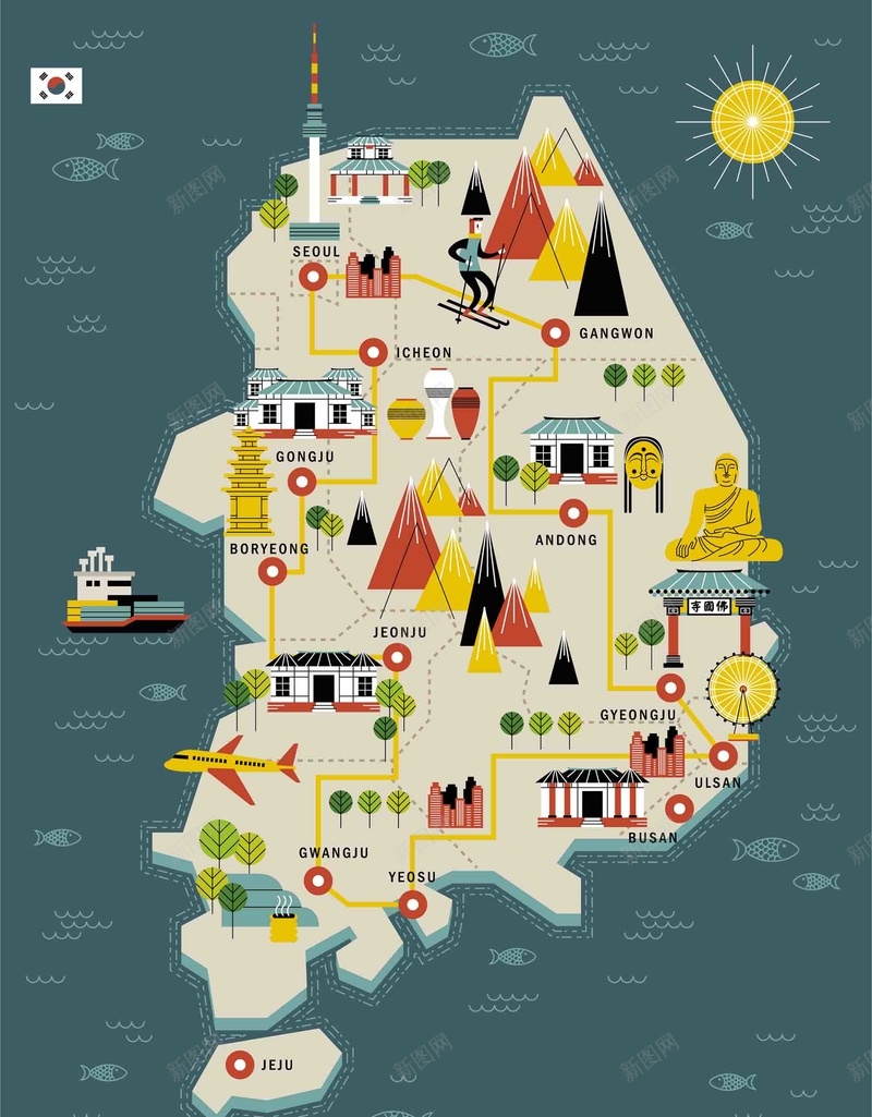 手绘矢量旅游韩国景点地图大佛首尔海报背景ai设计背景_88icon https://88icon.com 地图 手绘 旅游 景点 景福宫 江原道 济州岛 海报 矢量 背景 韩国 韩国地图 韩国旅游 首尔 矢量图