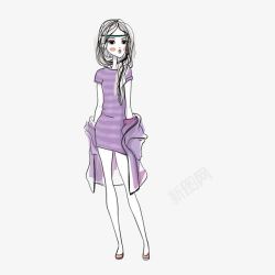 卡通手绘紫色短裙美女人物素材