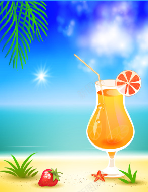 果汁沙滩促销卡通海报背景矢量图背景
