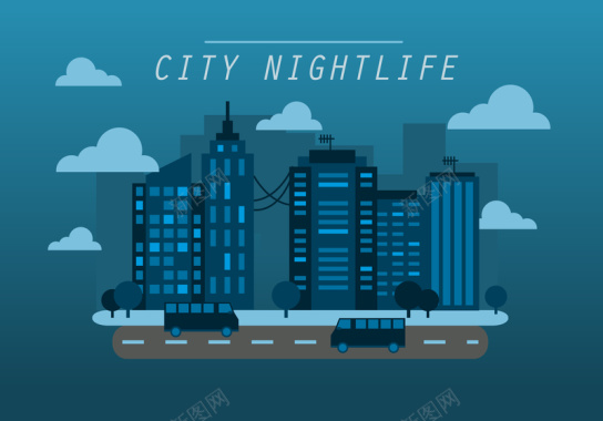 手绘城市夜生活背景矢量图背景