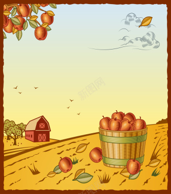 卡通插画果园苹果水果海报背景矢量图背景