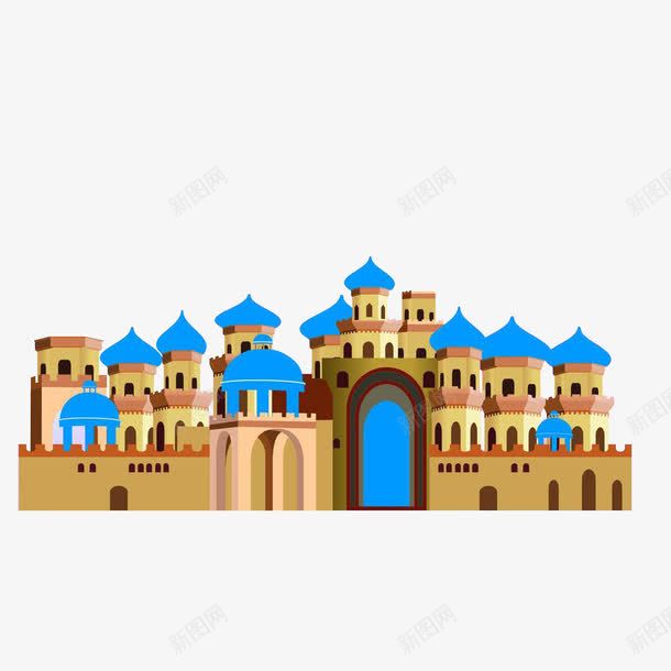 城堡建筑群png免抠素材_88icon https://88icon.com 城堡建筑群 王国城堡 蓝色金色土黄色 金色城堡