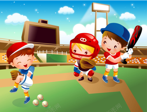 卡通儿童运动棒球操场蓝天白云背景矢量图背景