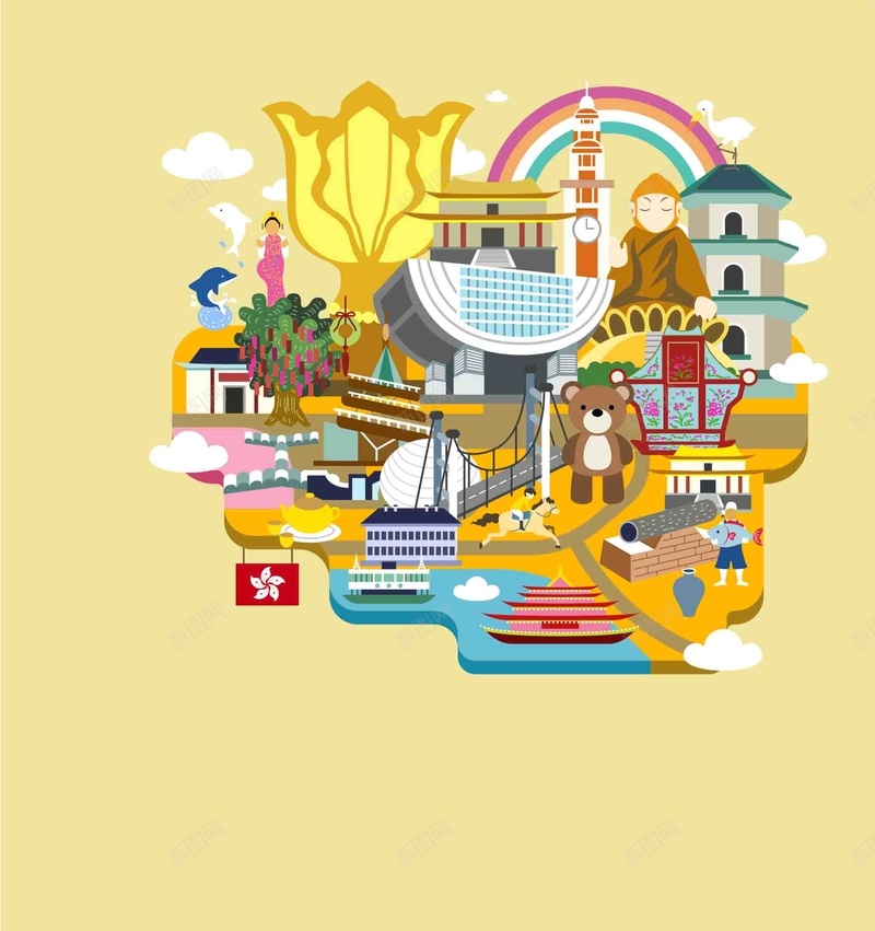 手绘矢量旅游香港景点紫荆花地图海报背景ai设计背景_88icon https://88icon.com 中华人民共和国香港特别行政区 中国香港 中环 大佛 太平山 手绘 旅游 景点 矢量 矢量图 矢量地图 紫荆花 跑马 金紫荆 香港 香港地图 香港旅游