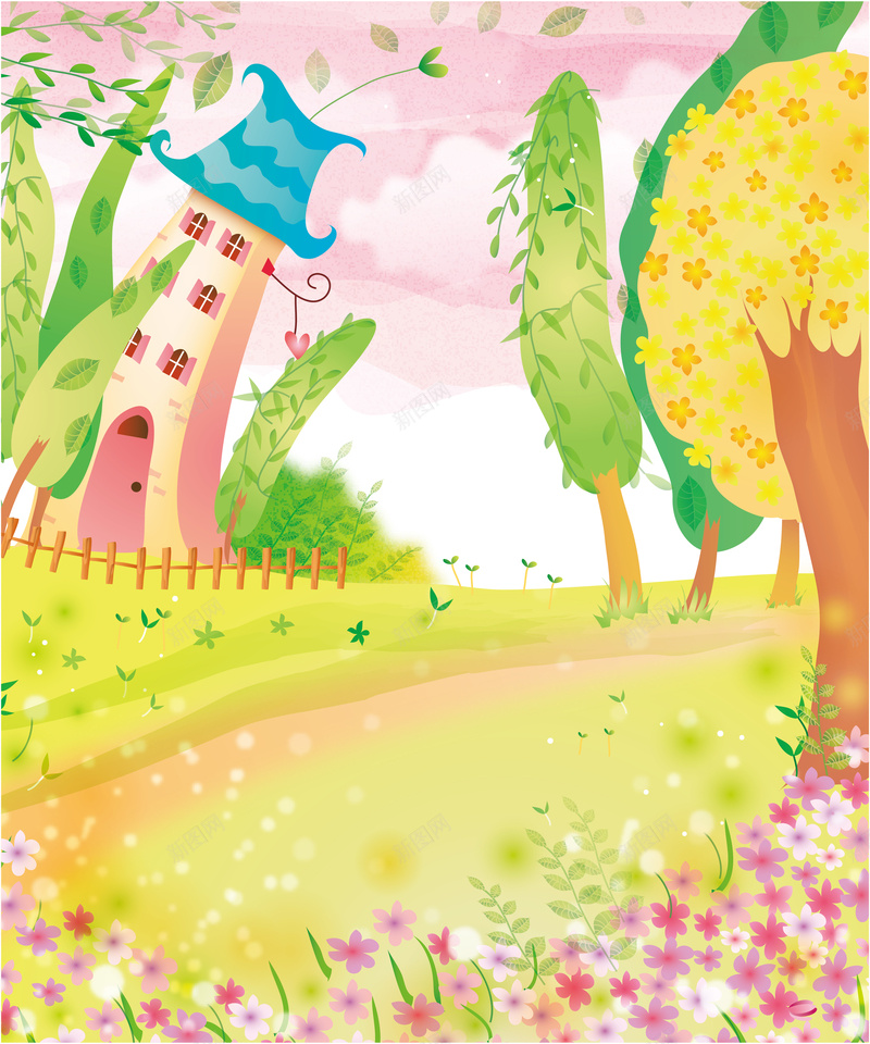 韩国可爱卡通背景矢量图ai设计背景_88icon https://88icon.com 儿童 卡通 可爱 房子 手绘 插画 树 画册 童趣 背景 花 韩国 矢量图