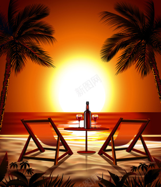 矢量夕阳沙滩椰树度假旅游背景背景