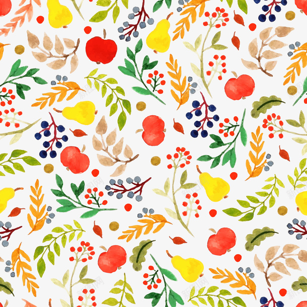 水彩树叶和果实无缝背景矢量图ai免抠素材_88icon https://88icon.com 果实 树叶 水彩 矢量背景 矢量图