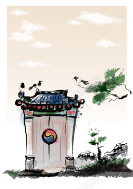中国风手绘田园风景平面广告矢量图背景