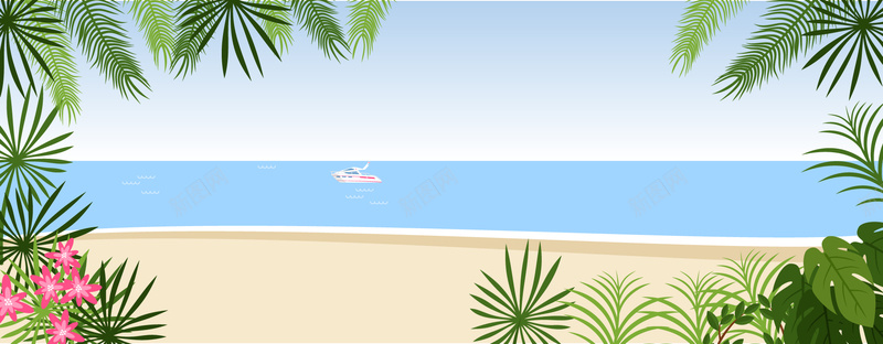 夏季海边卡通树叶沙滩banner矢量图背景