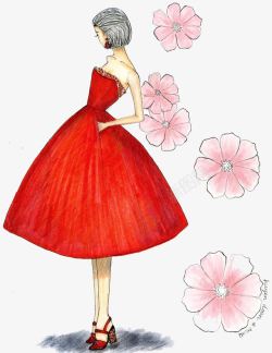 手绘红裙子模特花朵素材
